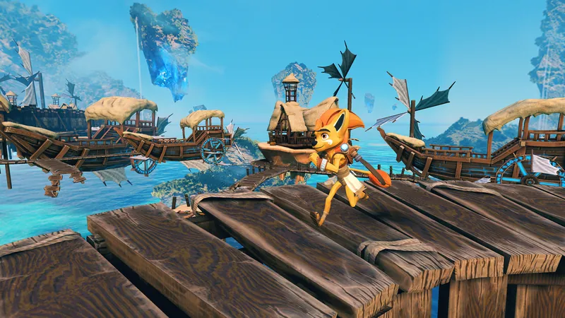 Ven runs along a wooden pier between floating islands