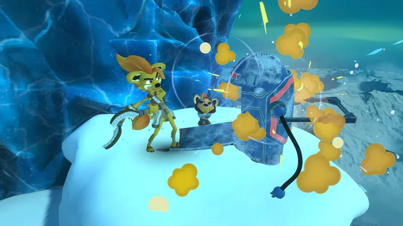Ven fights a robot on a snowy peak